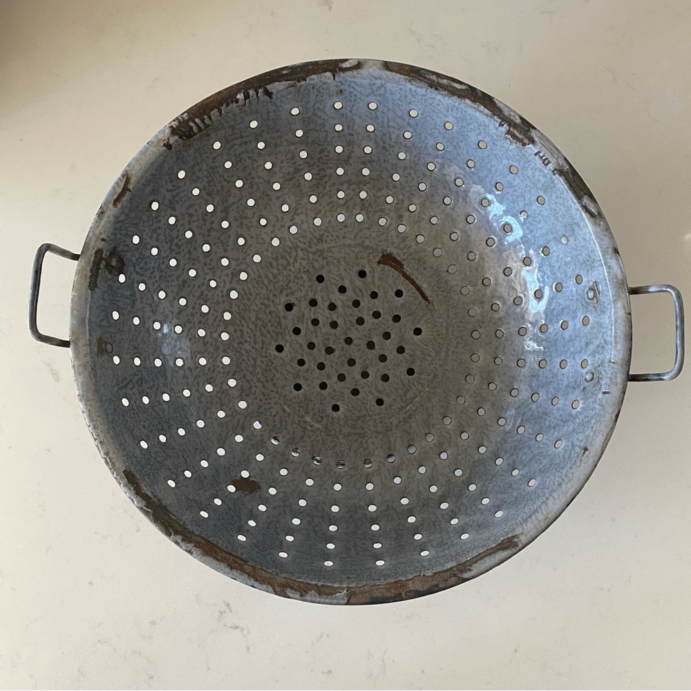 Vintage Enamelware Metal Colander with Handles